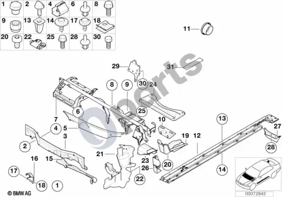 BMW 5 E39 kėbulo dalys/grindų plokštė/variklio skyrius – schema