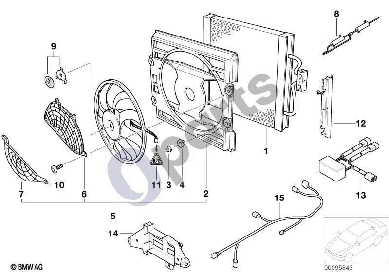 BMW 5 E39 (1996–2003) Klimato kondensatorius / papildomas ventiliatorius schema – pozicija 12: Dešinysis suspaudimo rėmo sandariklis