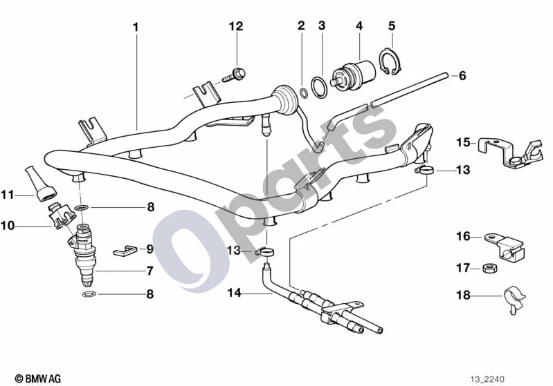 BMW 5 E39 (1996–2003) Kuro įpurškimo sistemos vožtuvai / vamzdžiai; ... - 1998.09 schema – pozicija 07: Įpurškimo vožtuvas