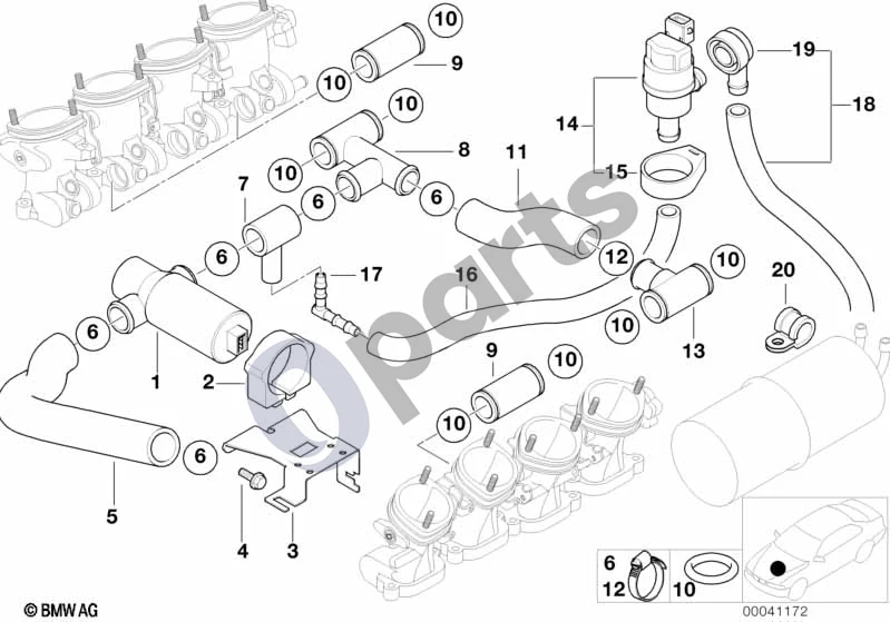 BMW 5 E39 (1996–2003) Laisvosios eigos reguliavimo vožtuvas / degalų bako vėdinimo vožtuvas schema – pozicija 07: Žarna