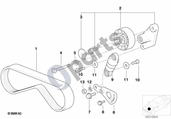 BMW 5 E39 oro kondicionieriaus kompresoriaus diržo pavara; 1997.09 - ... – schema