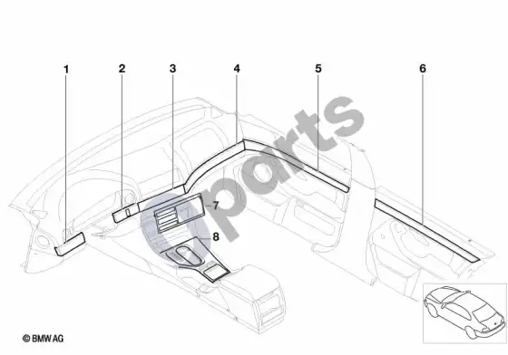 BMW 5 E39 papildomas įrengimas, salono apdailos juostelės, matinis chromas – schema