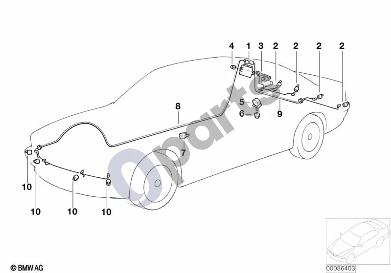 BMW 5 E39 (1996–2003) Parkavimo atstumo kontrolė (PDC) schema – pozicija 10: Ultragarso jutiklis Alpine White