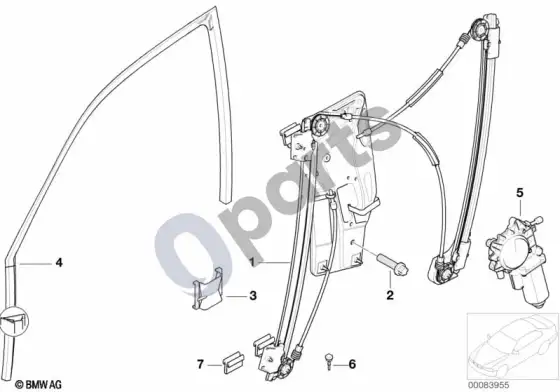 BMW 5 E39 priekinis durų stiklo pakėlimo mechanizmas – schema