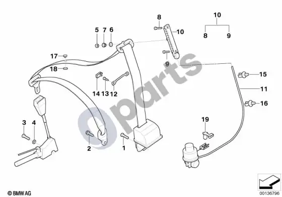 BMW 5 E39 priekinių saugos diržų tvirtinimo detalės – schema