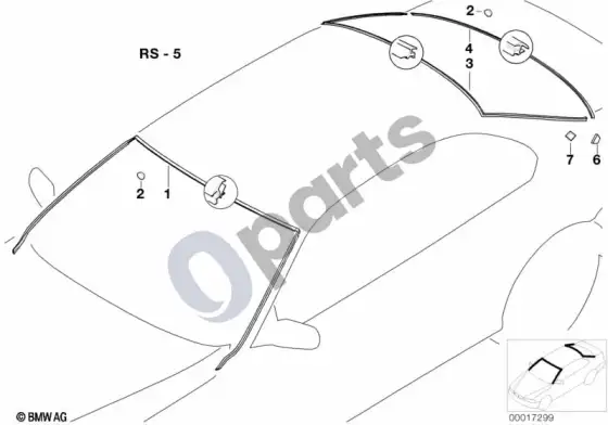BMW 5 E39 stiklai, tvirtinimo detalės – schema