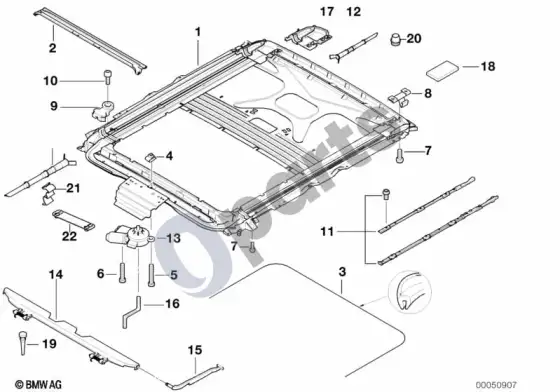 BMW 5 E39 stumdomo-pakeliamo stogo rėmas – schema