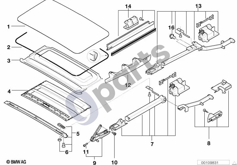 BMW 5 E39 (1996–2003) Stumdomo stogo dangtis/lubų rėmas schema – pozicija 14: Dešinės guminės apsaugos laikiklis