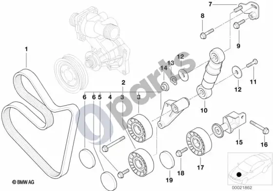 BMW 5 E39 vandens siurblio/generatoriaus diržo pavara; 1997.08 - ... – schema