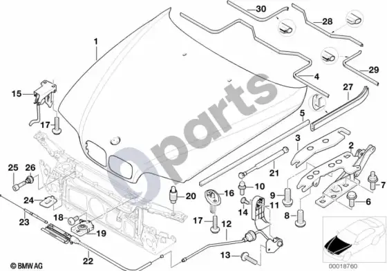 BMW 5 E39 variklio gaubto / tvirtinimo detalės – schema
