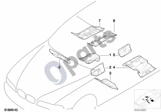 BMW 5 E39 vidinis grindų skydas, daugiasluoksnis slopinimas – schema