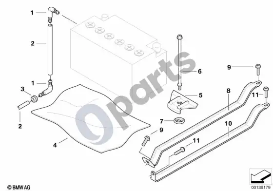 BMW 5 E60 E61 akumuliatoriaus laikiklis ir tvirtinimo detalės – schema