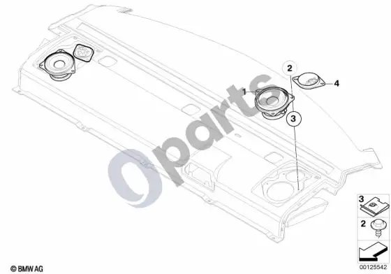 BMW 5 E60 E61 atskiros dalys galinės lentynos hifi sistemai – schema