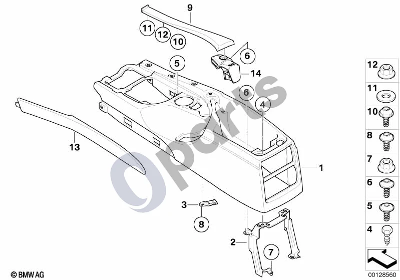 BMW 5 E60 E61 (2004–2010) Centrinė konsolė (E60 520D) schema – pozicija 13: Centrinės konsolės priekinė apdailos plokštė, kairė