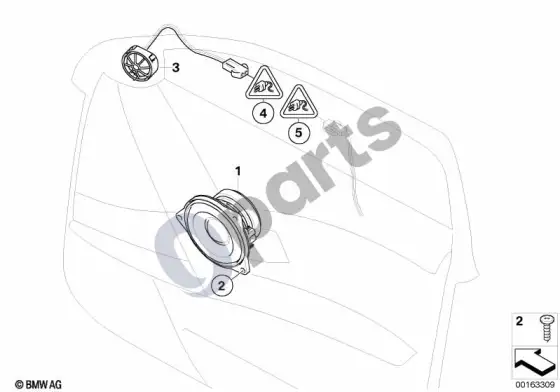 BMW 5 E60 E61 atskiros dalys priekinių durų hifi sistemai – schema