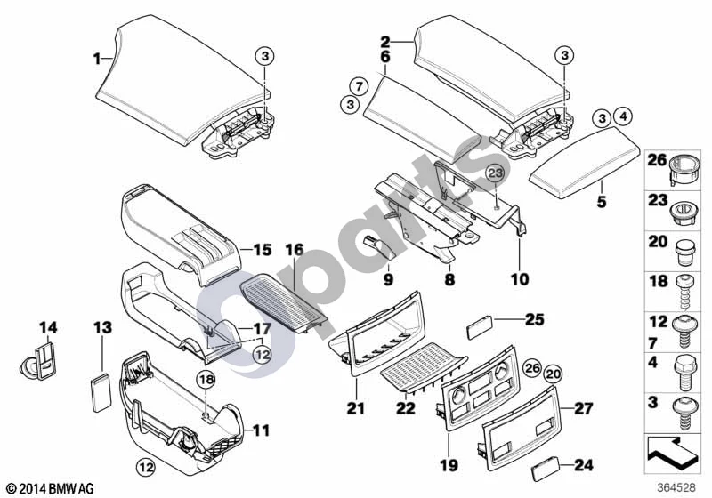 BMW 5 E60 E61 (2004–2010) Centrinis porankis, daiktadėžės (E60 520D, E61 520D) schema – pozicija 22: Guminis kilimėlis