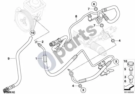 BMW 5 E60 E61 hidraulinės vairo sistemos alyvos vamzdžiai (E60 520D, E61 520D) – schema