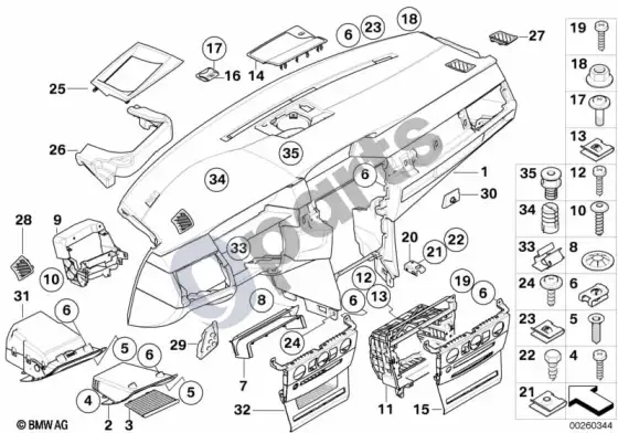 BMW 5 E60 E61 prietaisų skydelio apdailos plokštė (E60 520D, E61 520D) – schema