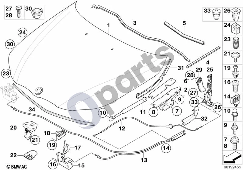BMW 5 E60 E61 (2004–2010) Variklio gaubto / tvirtinimo detalės (E60 520D, E61 520D) schema – pozicija 11: Dujinė spyruoklė, variklio dangtis