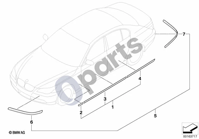 BMW 5 E60 E61 (2004–2010) Slenksčių apdailos juostos (E60 520D) schema – pozicija 04: Durų apdailos juostelė, galinė kairė