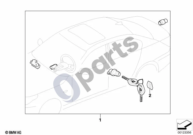 BMW 5 E60 E61 (2004–2010) Užrakinimas vienu raktu; ... - 2005.09 (E60 520D) schema – pozicija 01: Vienodo užrakinimo sistemos komplektas su CAS valdymo bloku (kodas)