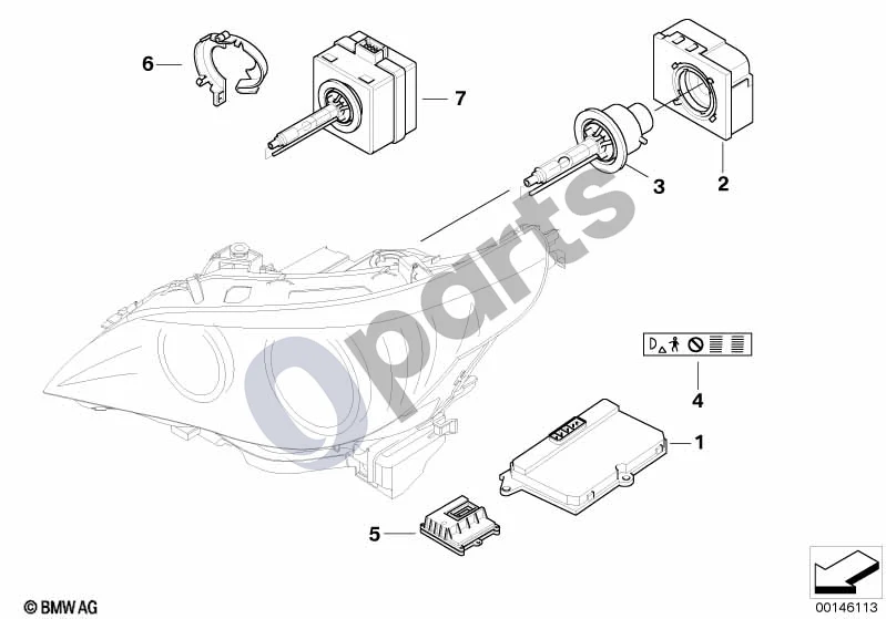 BMW 5 E60 E61 (2004–2010) Žibintas, elektroninės dalys, ksenoninė šviesa (E60 520D) schema – pozicija 03: Ksenoninė lemputė