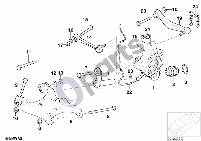 BMW 5 E60 E61 (2004–2010) Galinės ašies atrama/ratų pakaba (E60 520I, E60 525IM54, E60 530IM54, E60 545I, E60 525D, E60 530DM57N, E60 535D) schema – pozicija 08: Kairioji svyruojanti dalis
