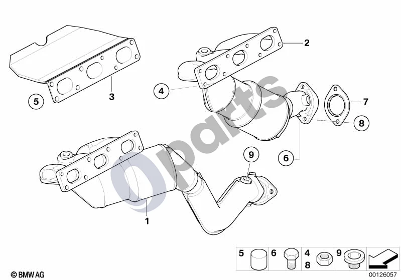 BMW 5 E60 E61 (2004–2010) Išmetimo kolektorius su katalizatoriumi (E60 520I, E60 525IM54, E60 530IM54, E61 525IM54) schema – pozicija 02: RP išmetimo kolektorius su katalizatoriumi