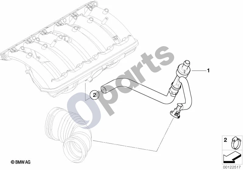 BMW 5 E60 E61 (2004–2010) Vakuuminis valdymas, variklis (E60 520I, E60 525IM54, E60 530IM54, E61 525IM54) schema – pozicija 01: Čiulpiamasis srovės siurblys su linijomis
