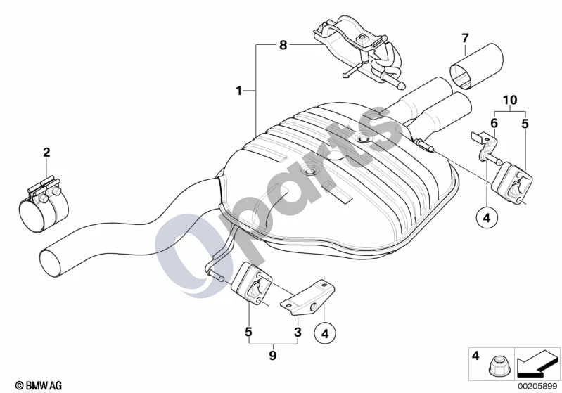 BMW 5 E60 E61 (2004–2010) Išmetimo sistema, galinė (E60 520I, E60 525IM54, E60 530IM54) schema – pozicija 03: Kronšteinas