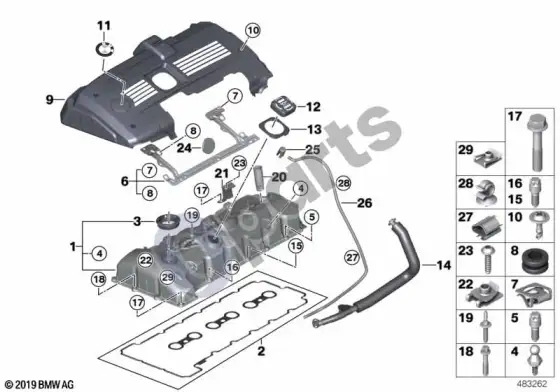 BMW 5 E60 E61 cilindrų galvutės dangtis (E60 523I, E60 525IN52, E60 530IN52, E60 525XI, E60 530XI, E61 523I, E61 525IN52, E61 530I, E61 525XI, E61 530XI) – schema