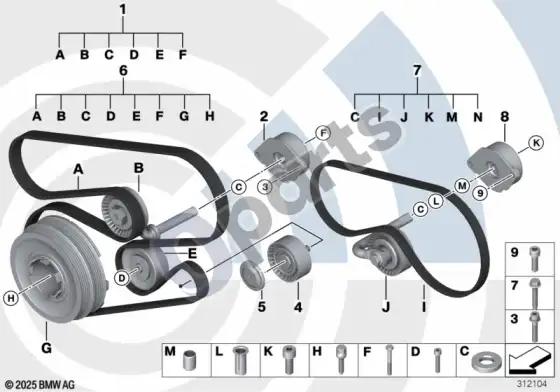 BMW 5 E60 E61 diržinių pavarų remonto komplektas, value line (E60 525D, E60 530DM57N, E61 525D, E61 530DM57N) – schema