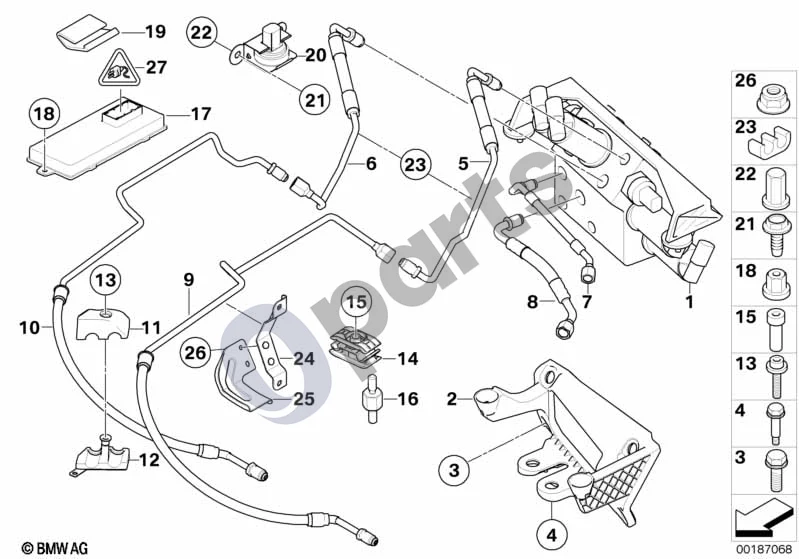 BMW 5 E60 E61 (2004–2010) Vožtuvų blokas ir papildomos dalys / Dyn. Drive (E60 525D, E60 530DM57N, E61 525D, E61 530DM57N) schema – pozicija 05: Slėgio linija, vožtuvų blokas
