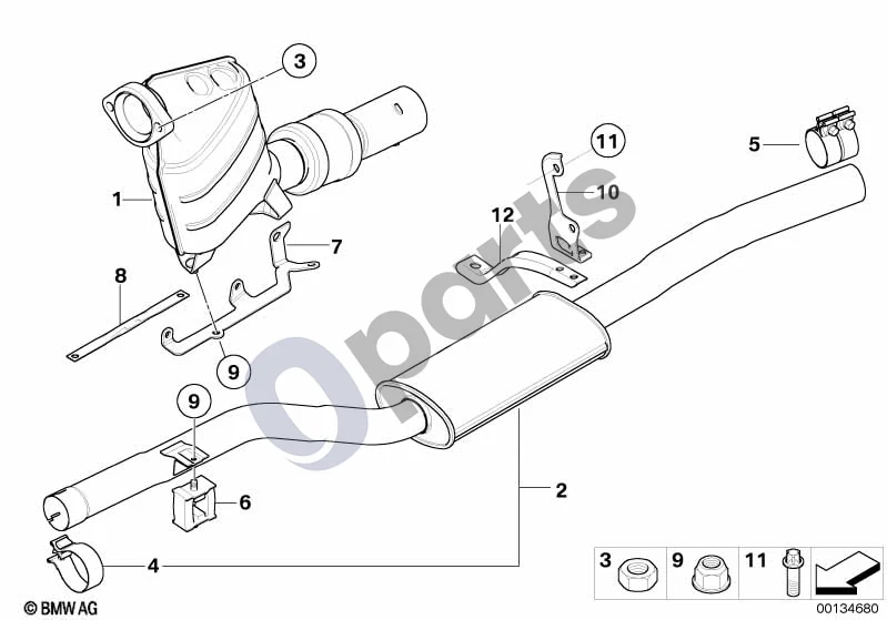 BMW 5 E60 E61 (2004–2010) Katalizatorius/priekinis duslintuvas (E60 525D, E61 525D, E61 530DM57N) schema – pozicija 02: Vidurinis duslintuvas