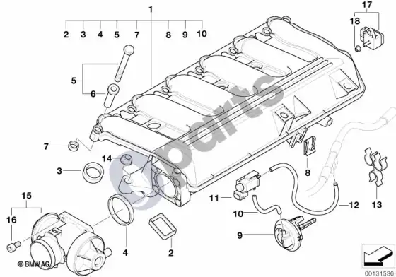 BMW 5 E60 E61 įsiurbimo kolektorius su EGR – vakuuminis valdymas (E60 525D, E61 525D) – schema
