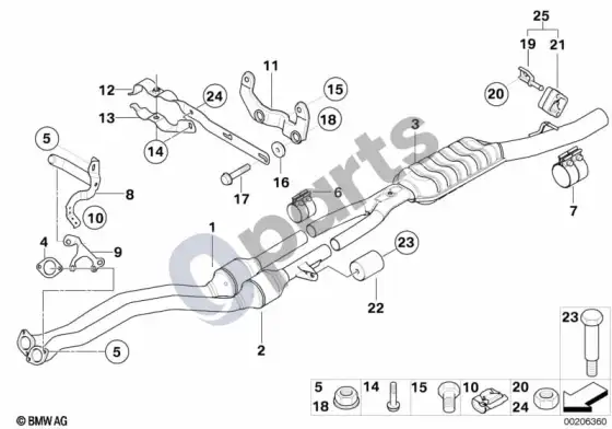 BMW 5 E60 E61 katalizatorius/priekinis duslintuvas (E60 525IN52, E60 530IN52) – schema