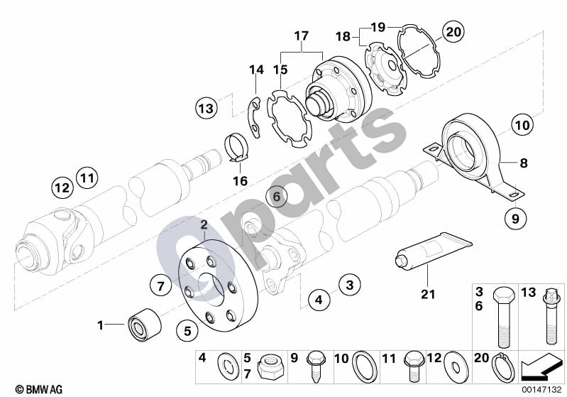 BMW 5 E60 E61 (2004–2010) Kardaninio veleno atskiros dalys, 4 varomieji ratai (E60 525XI, E60 530XI, E61 525XI, E61 530XI) schema – pozicija 08: Centrinė atrama, aliuminė