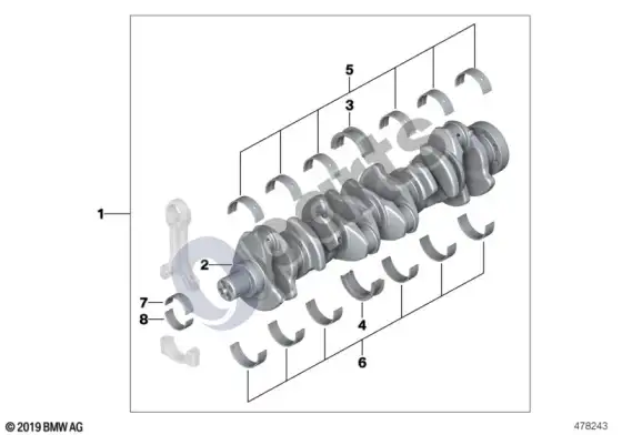 BMW 5 E60 E61 alkūninis velenas su guolių įdėklais (E60 530DM57N, E60 535D, E61 530DM57N, E61 535D) – schema