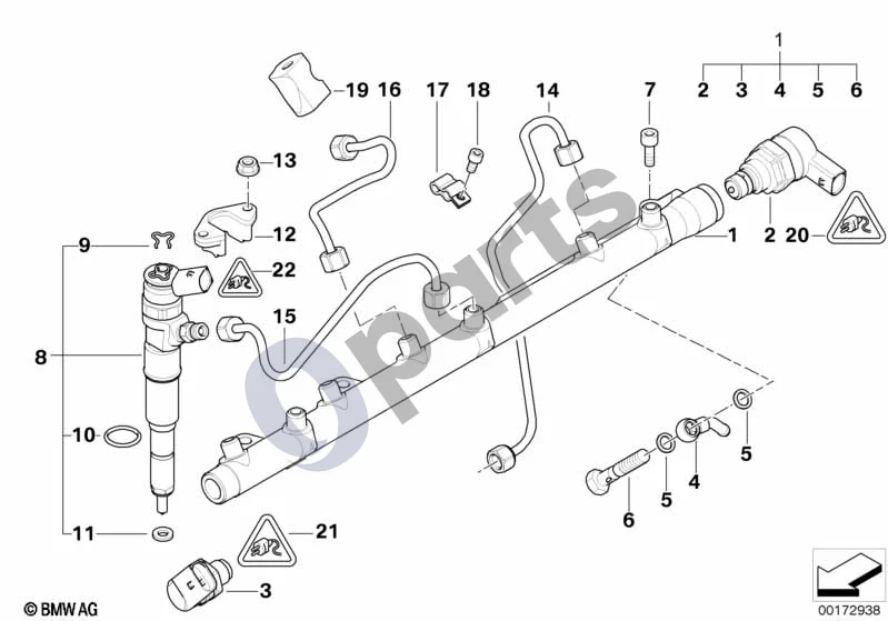 BMW 5 E60 E61 (2004–2010) Aukšto slėgio akumuliatorius/purkštukas/vamzdis (E60 530DM57N, E61 530DM57N) schema – pozicija 08: Purkštukas (RP)