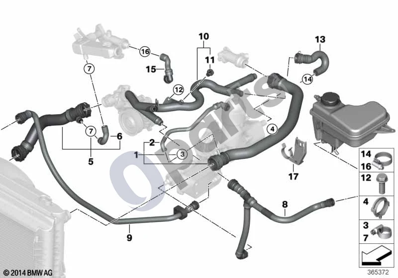 BMW 5 E60 E61 (2004–2010) Aušinimo sistemos aušinimo skysčio žarnos (E60 530DM57N, E61 530DM57N) schema – pozicija 10: Grįžtamasis vamzdis