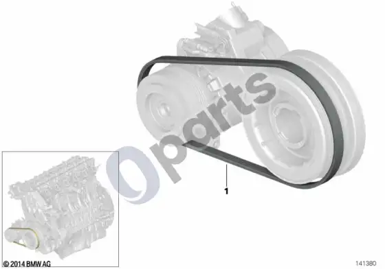 BMW 5 E60 E61 kondicionieriaus kompresoriaus pavara diržu (E60 535D, E60 530XD, E60 530DM57N2, E61 535D, E61 530XD, E61 530DM57N2) – schema