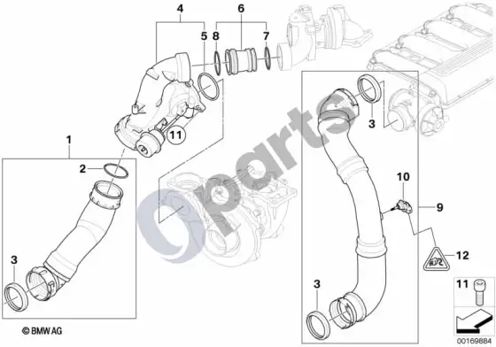 BMW 5 E60 E61 įsiurbimo kolektorius – pripūtimo oro kanalas / EGR (E60 535D, E61 535D) – schema