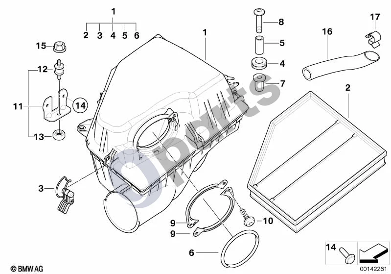 BMW 5 E60 E61 (2004–2010) Įsiurbimo oro duslintuvas / filtro elementas (E60 535D, E61 535D) schema – pozicija 02: Oro filtro elementas