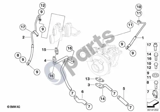 BMW 5 E60 E61 išmetamųjų dujų turbokompresoriaus alyvos tiekimas (E60 535D, E61 535D) – schema