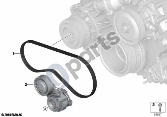 BMW 5 E60 E61 kondicionieriaus kompresoriaus pavara diržu (E60 540I, E60 545I, E60 550I, E61 545I, E61 550I) – schema