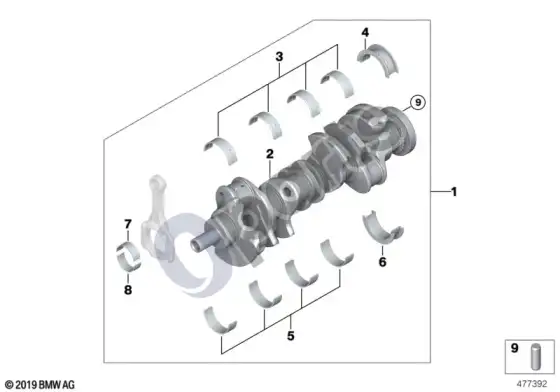 BMW 5 E60 E61 alkūninis velenas su guolių įdėklais (E60 545I, E61 545I) – schema