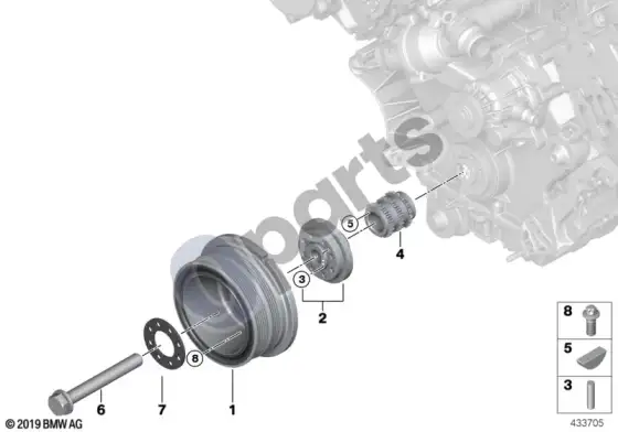 BMW 5 E60 E61 diržinė pavara, vibracijų slopintuvas (E60 545I, E61 545I) – schema