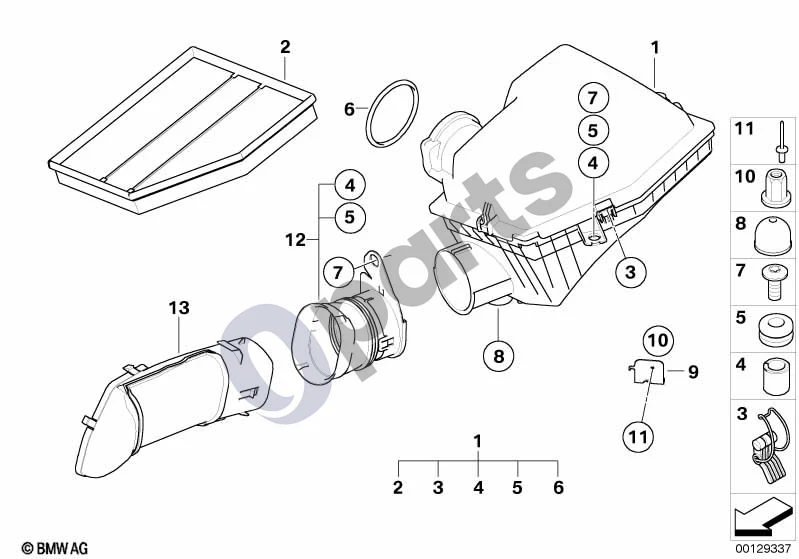 BMW 5 E60 E61 (2004–2010) Įsiurbimo oro duslintuvas / filtro elementas (E60 545I, E61 545I) schema – pozicija 02: Oro filtro elementas