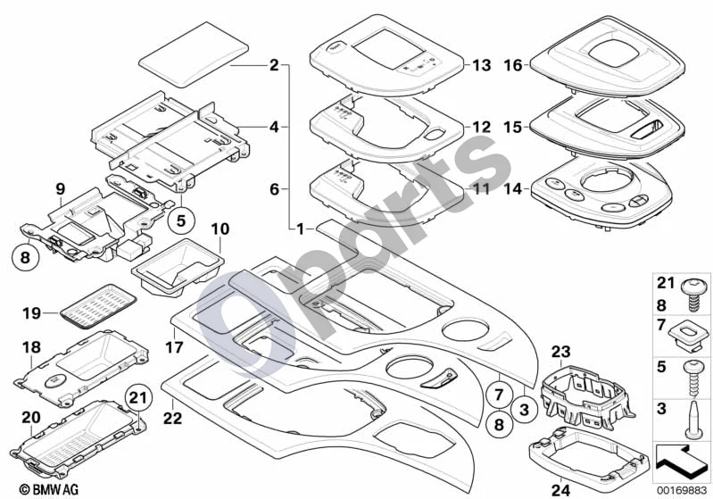 BMW 5 E60 E61 (2004–2010) Dekoratyvinės apdailos juostos, centrinė konsolė (E60 LCI 520DM47N2) schema – pozicija 23: Atrama