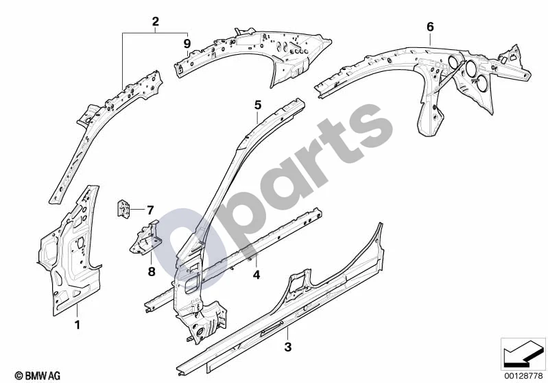 BMW 5 E60 E61 (2004–2010) Atskiros šoninio kėbulo rėmo dalys (E60 LCI 520DM47N2, E60 520D) schema – pozicija 06: Dešinioji vidinė C statramstis